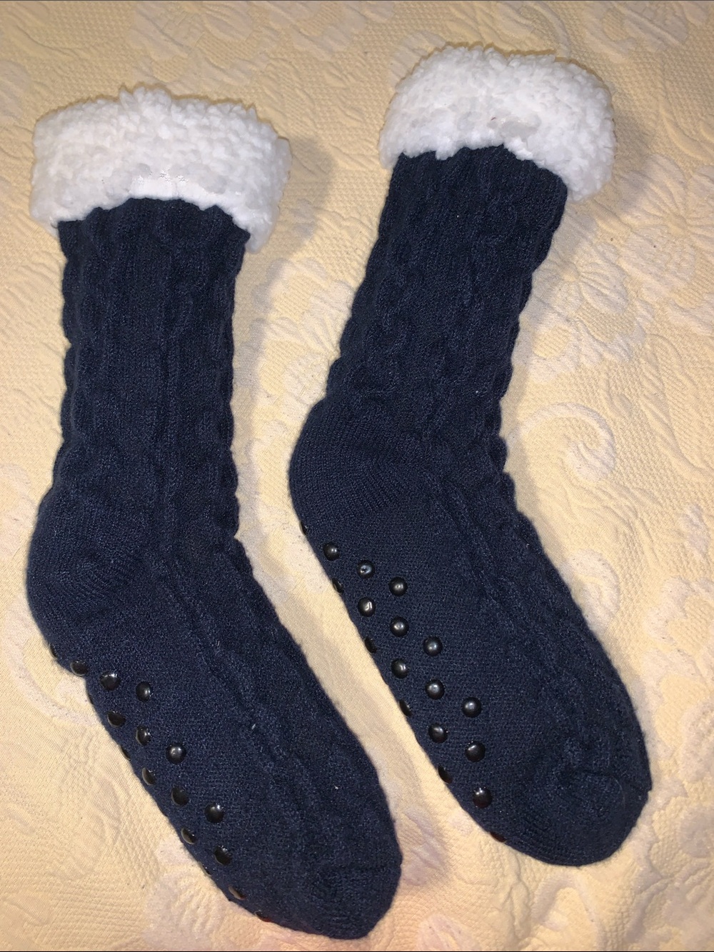 Cozy Navy Cable Knit Sherpa Lined Slipper Socks